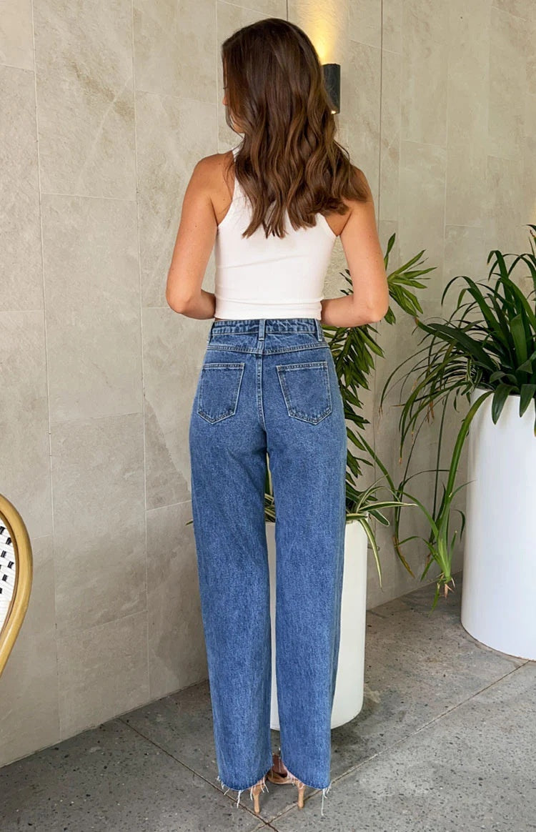 Jeans droits à ourlet effiloché avec perles croisées à taille oblique