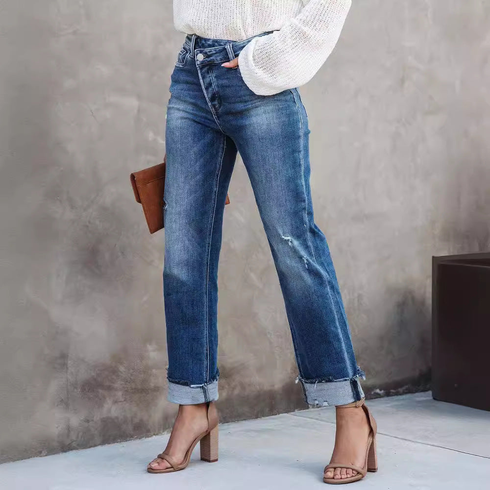 Pantalons en denim droit pour femmes lavés