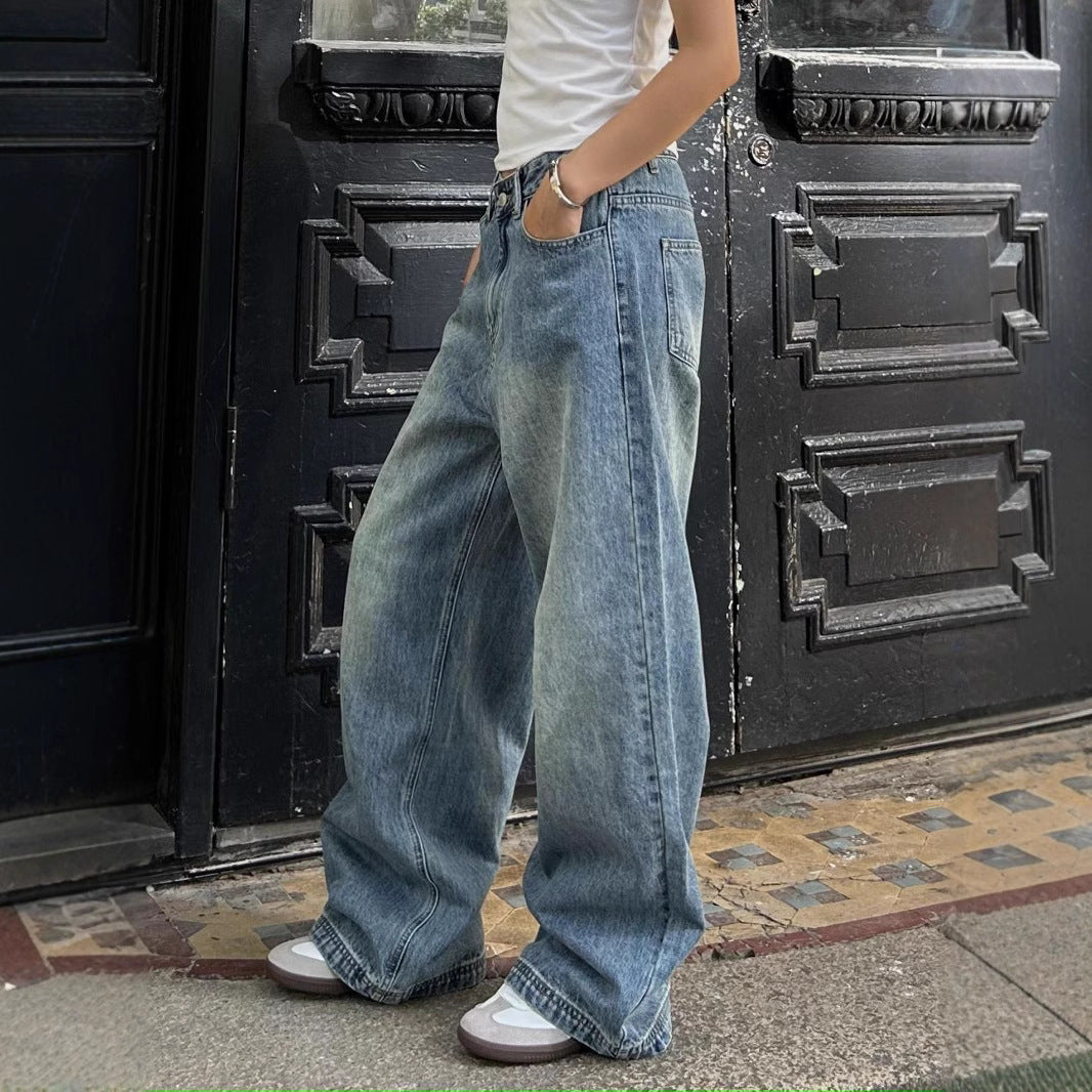 Jeans larges usés à taille haute pour femmes, pantalons décontractés droits rétro