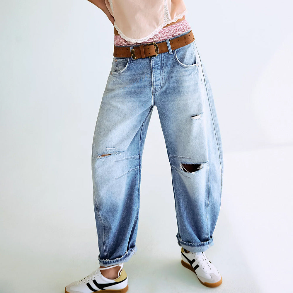 Pantalon de hip-hop rétro pour femmes en denim usé bleu délavé