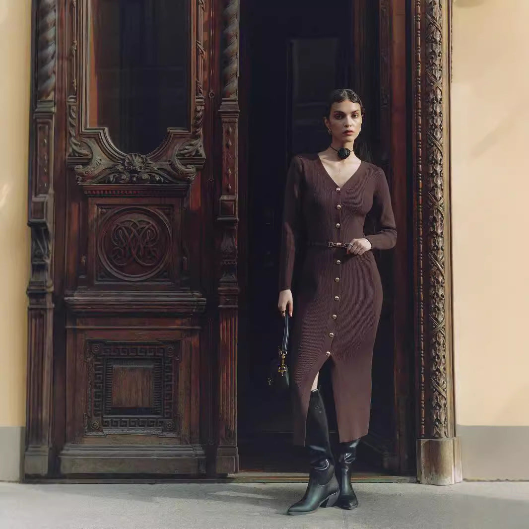 Autumn And Winter Long Sleeve Knitted Dress Sheath