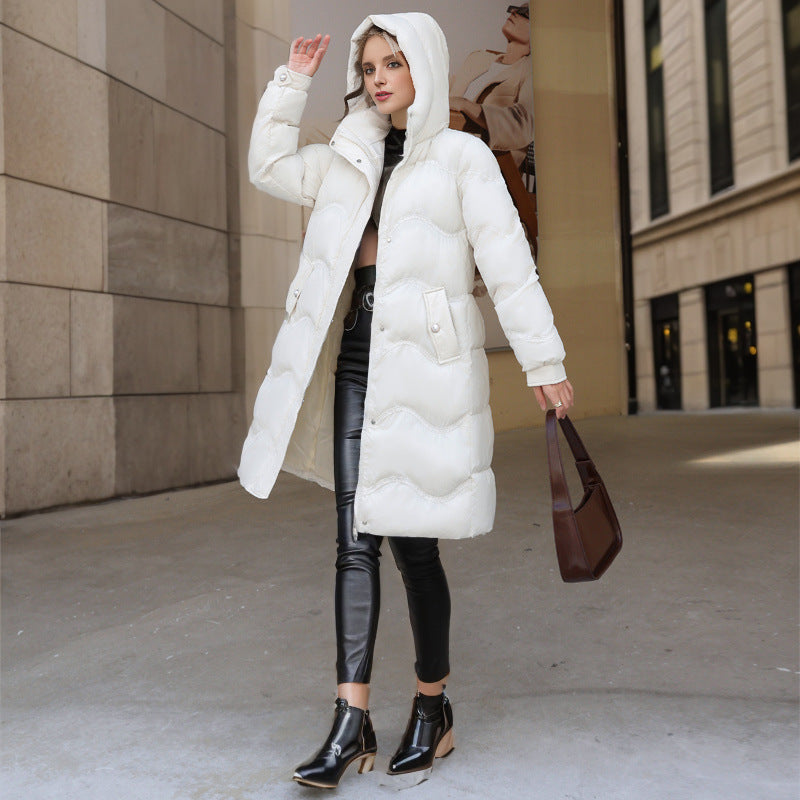 Veste en coton matelassée mi-longue en coton pour femmes, en dessous du genou