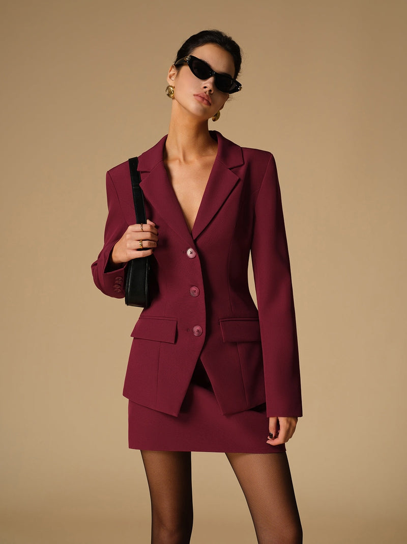 Elegant Button Women Slim Burgundy Blazer | Giana SOLANORDI Blazers