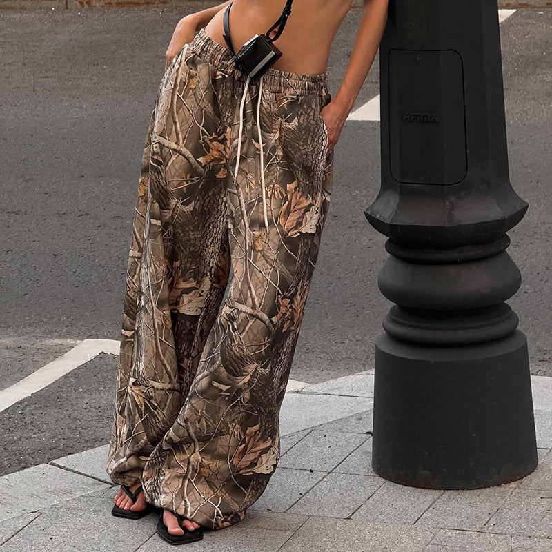 Pantalons élastiques à taille basse avec cordon de serrage, imprimé rétro à branches
