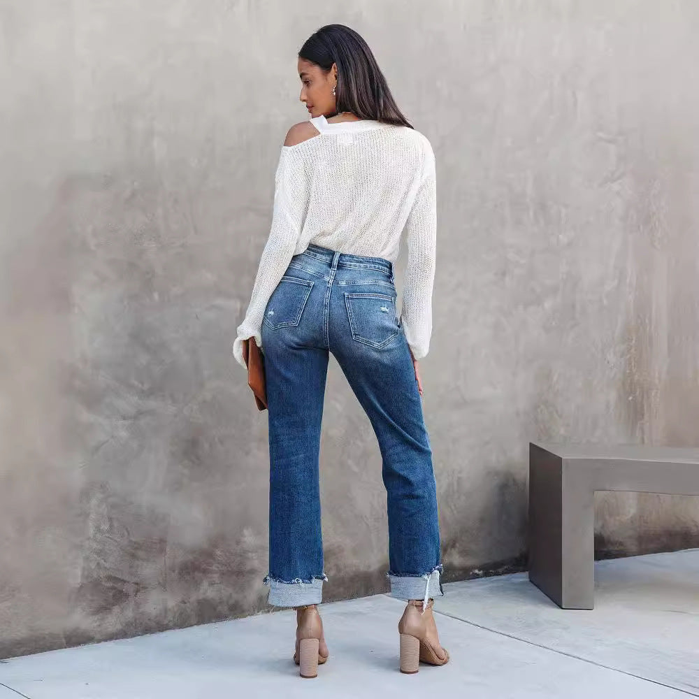 Pantalons en denim droit pour femmes lavés