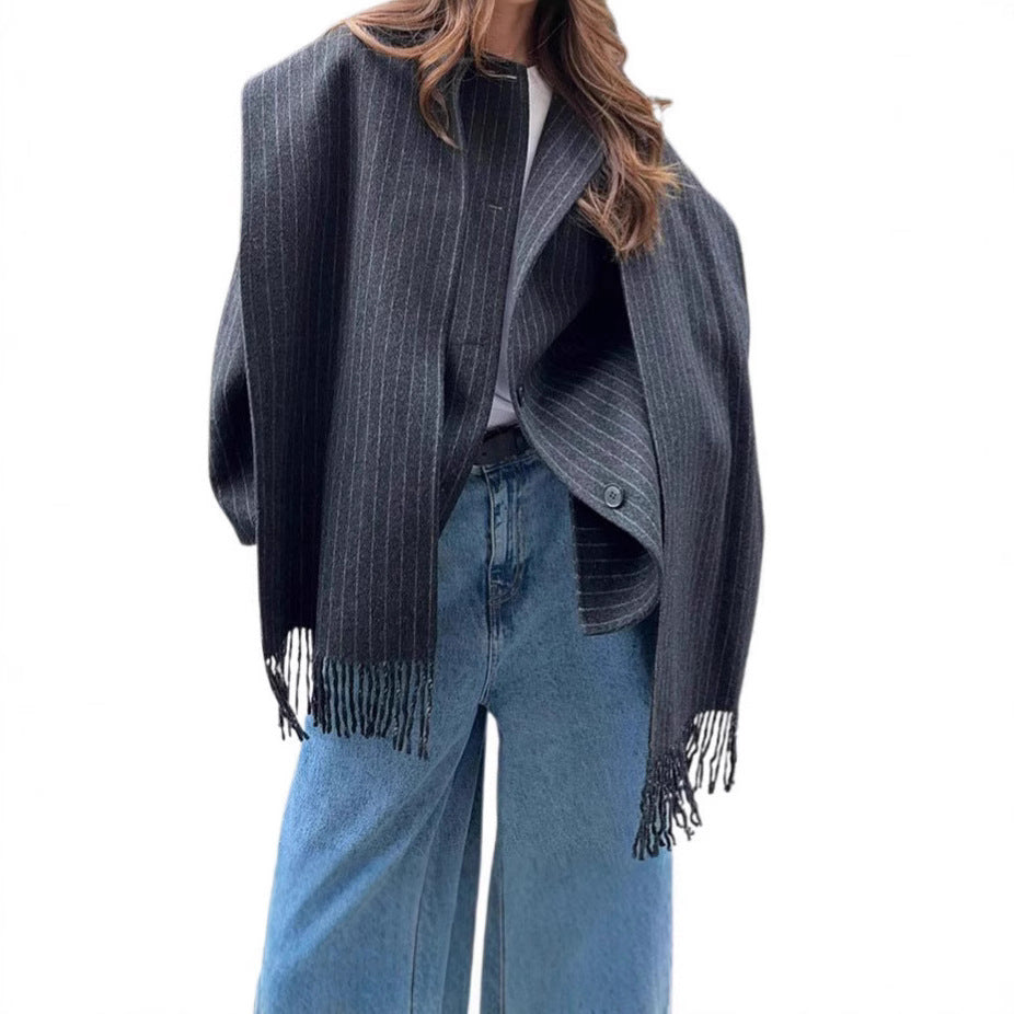 Stripe With Tassel Scarf Collar Blended Woolen Coat