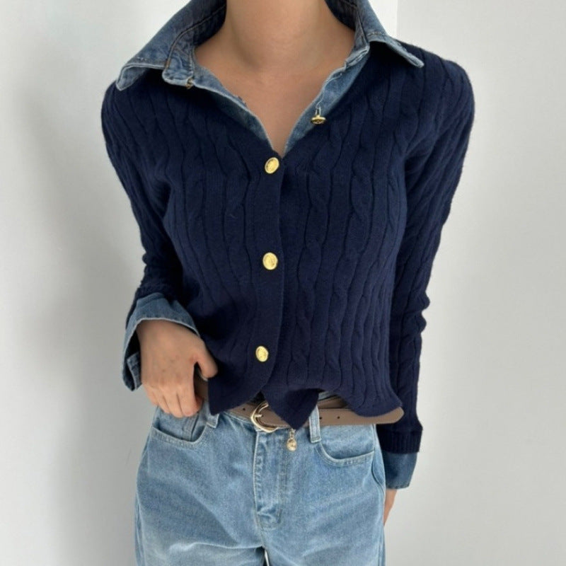 Korean Style Contrast Color Knitwear Denim Stitching Long Sleeve Sweater