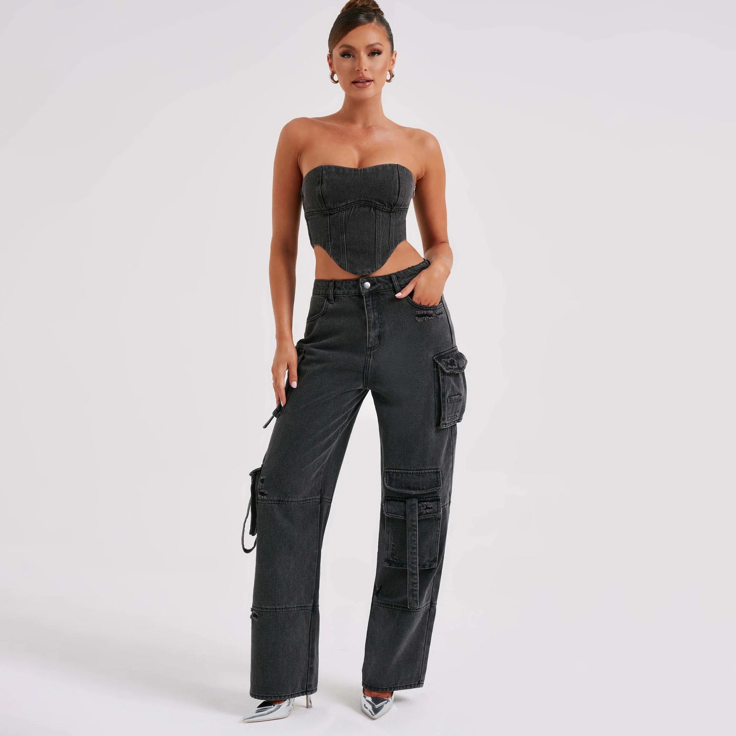 2Pcs Costumes en Jean Été Sexy Dos Nu Top Tube Et Pantalons Droits Multi-poches Mode Pantalons Longs Costume Vêtements Femmes