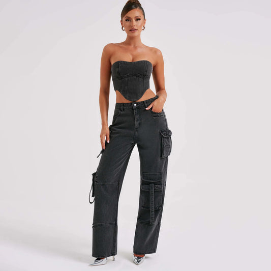 2Pcs Costumes en Jean Été Sexy Dos Nu Top Tube Et Pantalons Droits Multi-poches Mode Pantalons Longs Costume Vêtements Femmes