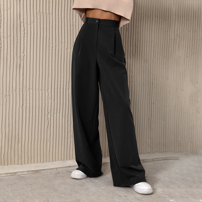 Pantalons hauts taille loose en couleur unie rétro classique pour femmes