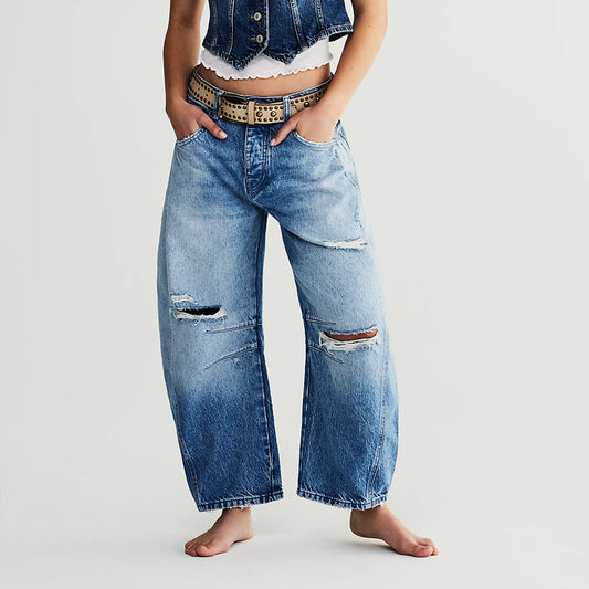 Pantalon de hip-hop rétro pour femmes en denim usé bleu délavé