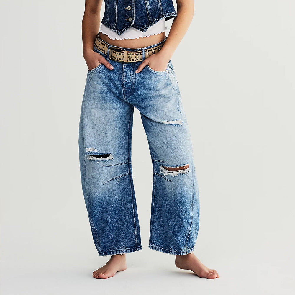 Pantalon de hip-hop rétro pour femmes en denim usé bleu délavé