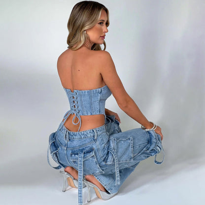 2Pcs Costumes en Jean Été Sexy Dos Nu Top Tube Et Pantalons Droits Multi-poches Mode Pantalons Longs Costume Vêtements Femmes