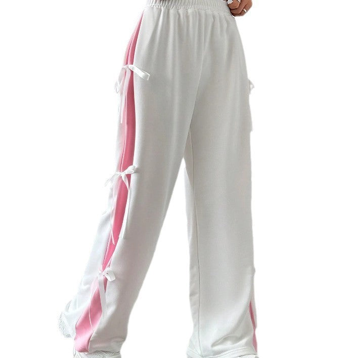 Pantalons droits pour femmes avec taille élastique et couleur contrastée