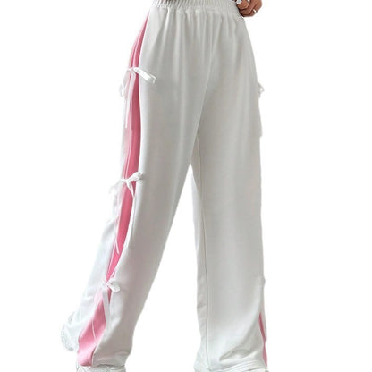 Pantalons droits pour femmes avec taille élastique et couleur contrastée