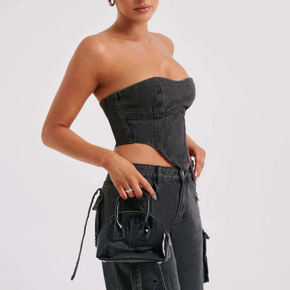 2Pcs Costumes en Jean Été Sexy Dos Nu Top Tube Et Pantalons Droits Multi-poches Mode Pantalons Longs Costume Vêtements Femmes