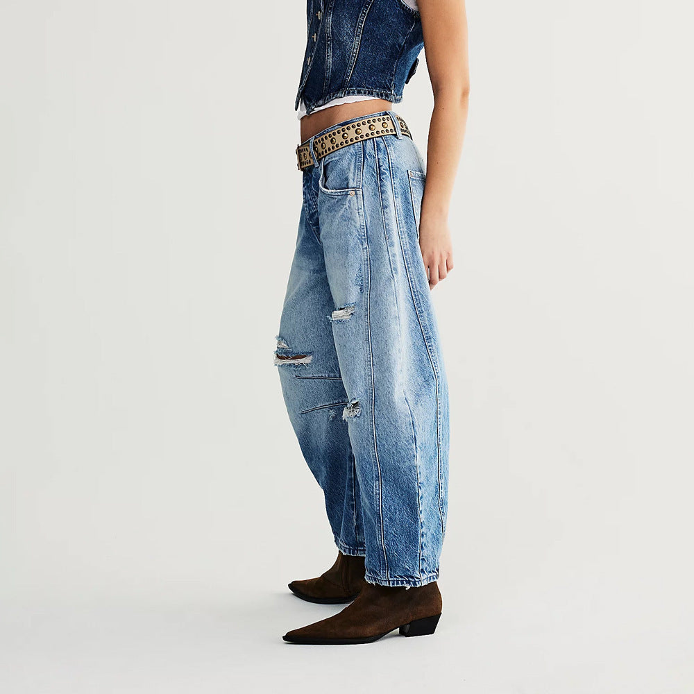 Pantalon de hip-hop rétro pour femmes en denim usé bleu délavé