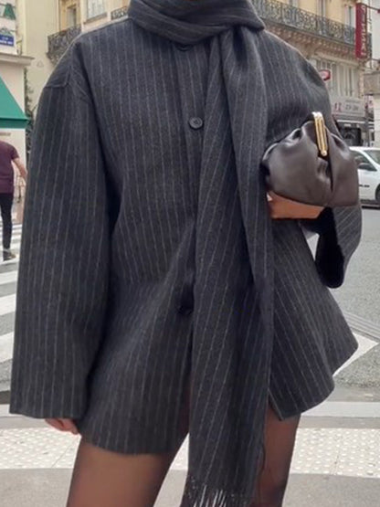 Stripe With Tassel Scarf Collar Blended Woolen Coat