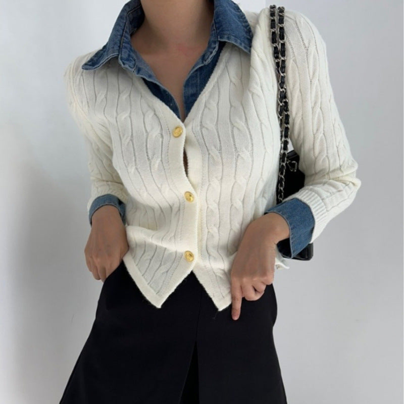 Korean Style Contrast Color Knitwear Denim Stitching Long Sleeve Sweater