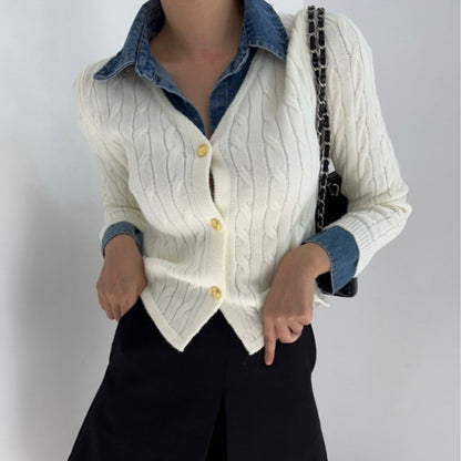Korean Style Contrast Color Knitwear Denim Stitching Long Sleeve Sweater