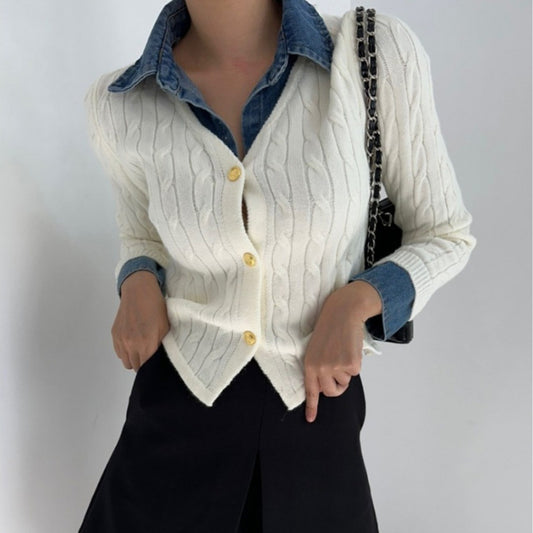 Korean Style Contrast Color Knitwear Denim Stitching Long Sleeve Sweater