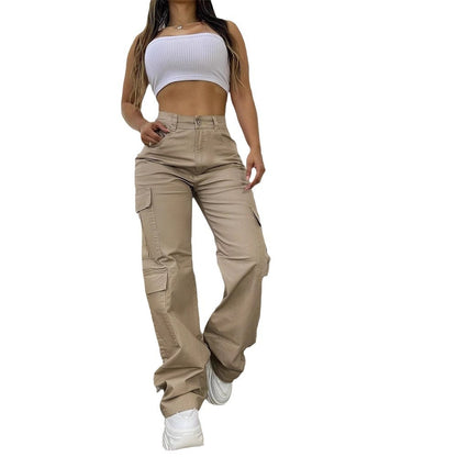 Pantalons larges à taille haute décontractés marron avec poches à rabat pour le travail