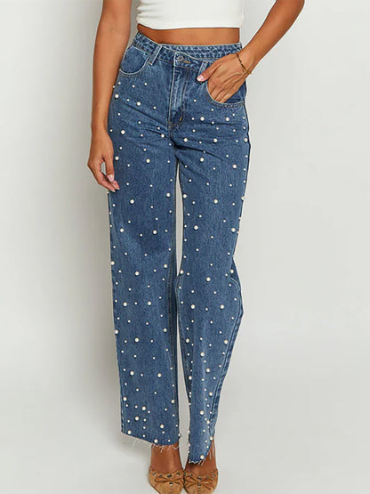 Jeans droits à ourlet effiloché avec perles croisées à taille oblique