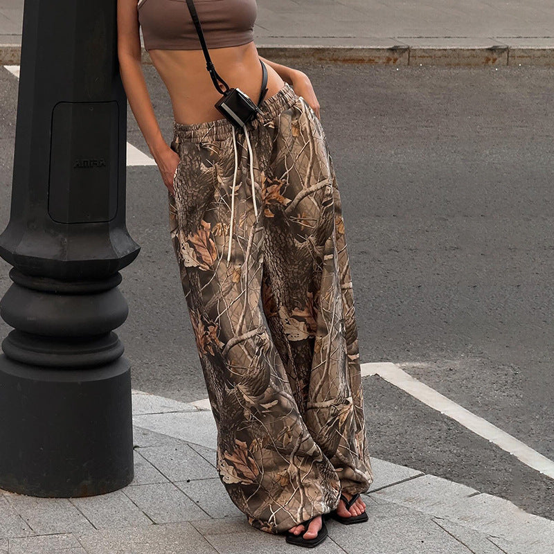 Pantalons élastiques à taille basse avec cordon de serrage, imprimé rétro à branches
