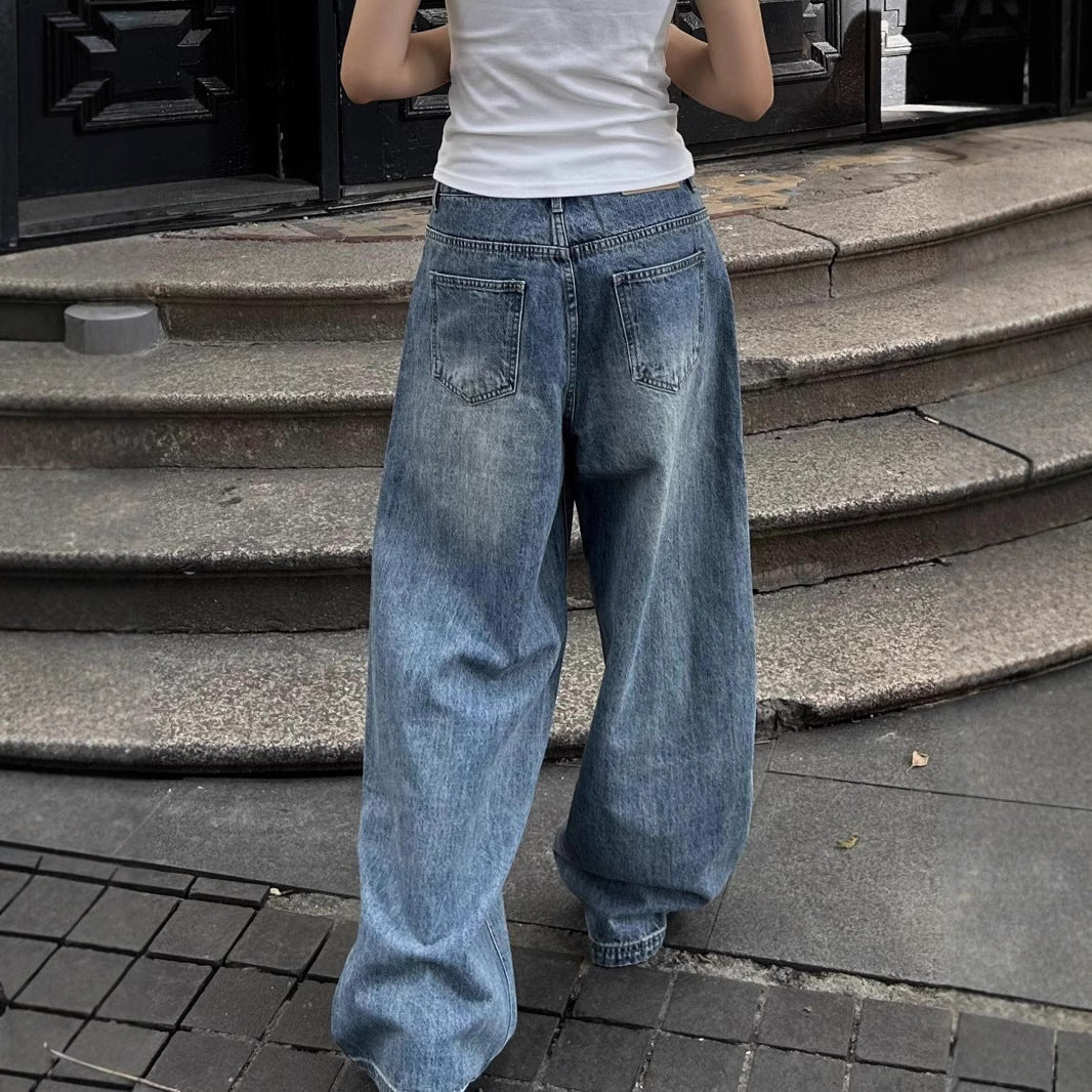 Jeans larges usés à taille haute pour femmes, pantalons décontractés droits rétro