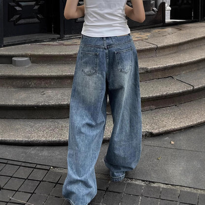 Jeans larges usés à taille haute pour femmes, pantalons décontractés droits rétro