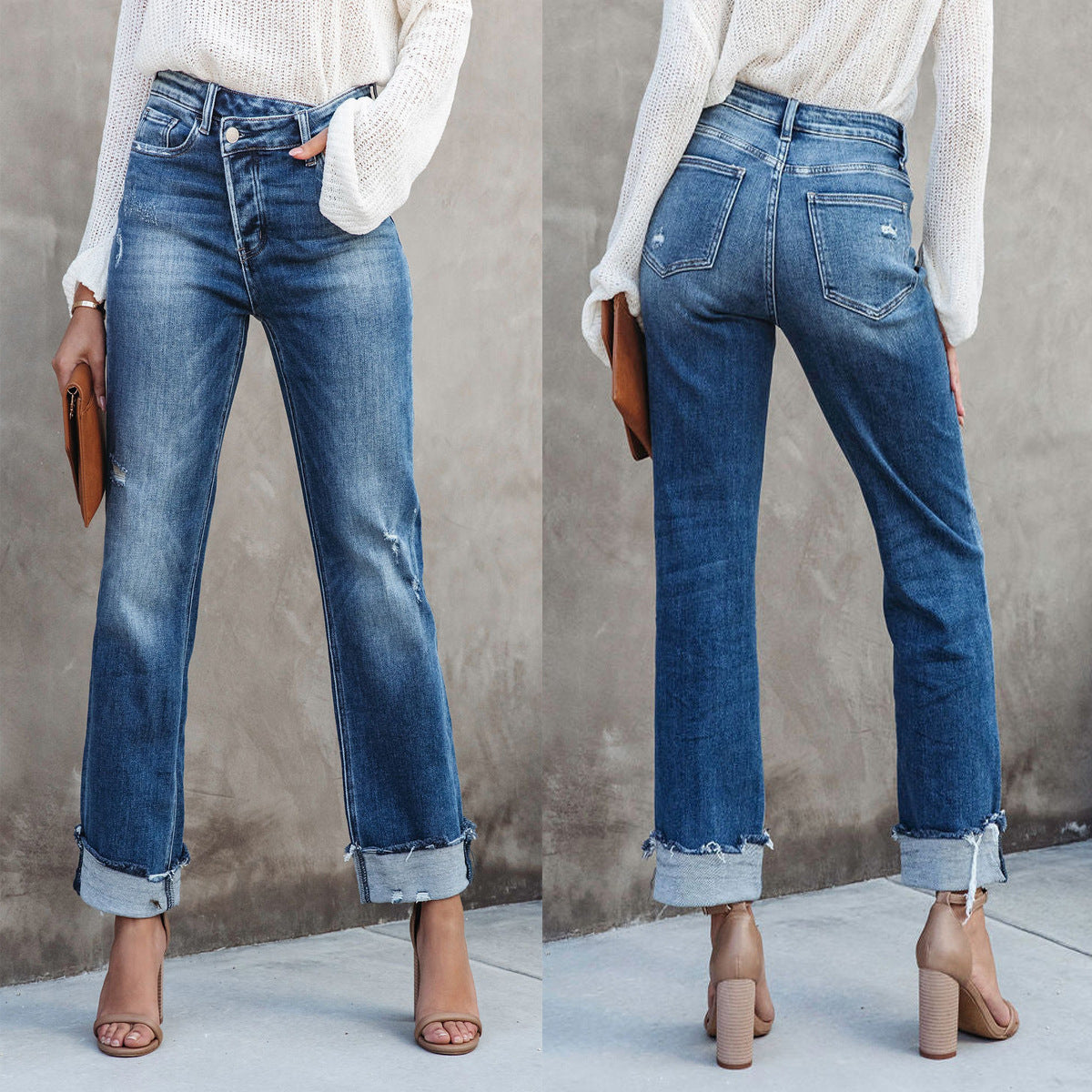 Pantalons en denim droit pour femmes lavés