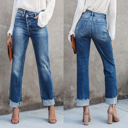 Pantalons en denim droit pour femmes lavés