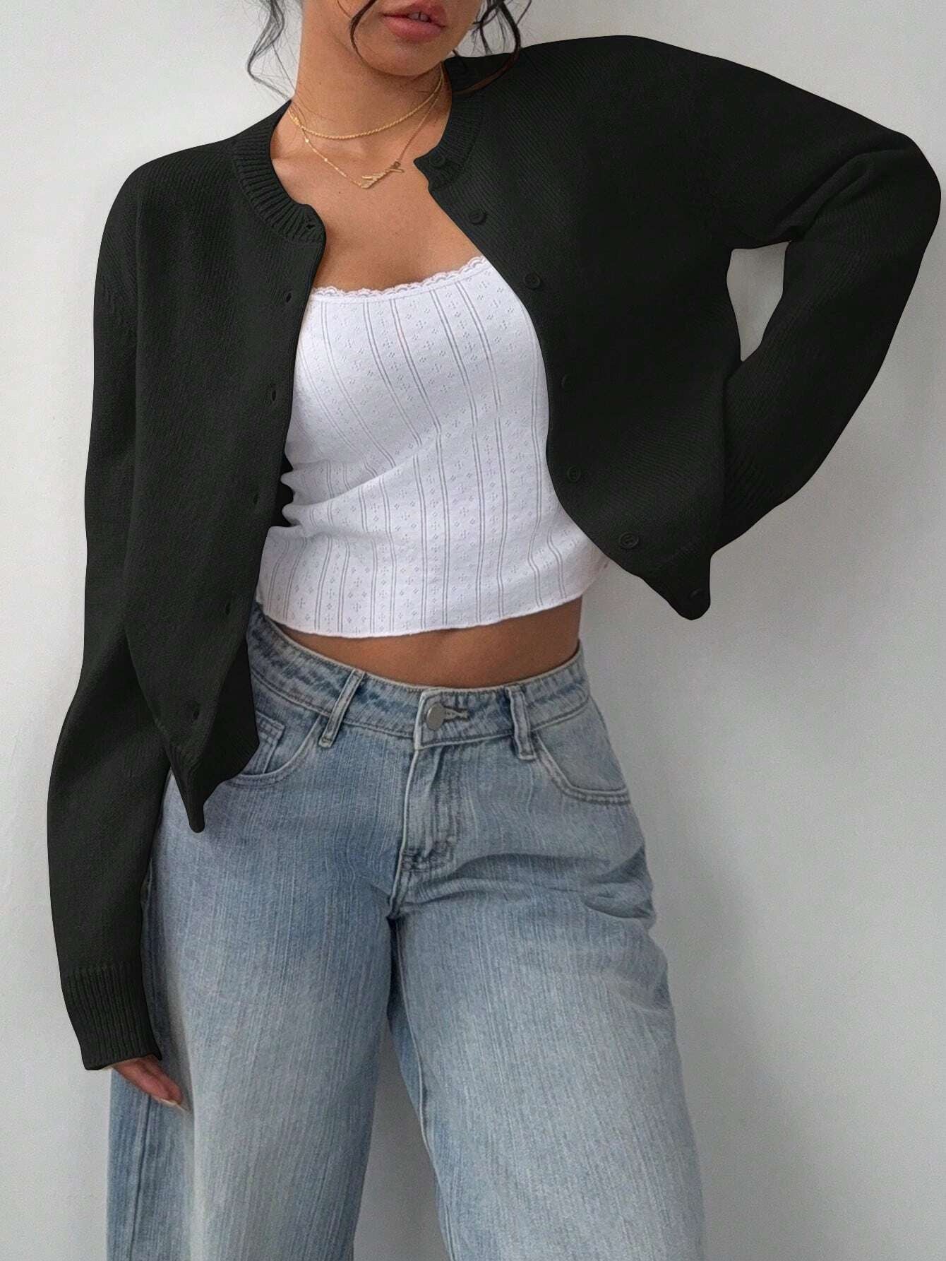 Cardigan tricoté à manches longues chic, mode, slim, couleur unie, pull court pour femmes vêtements