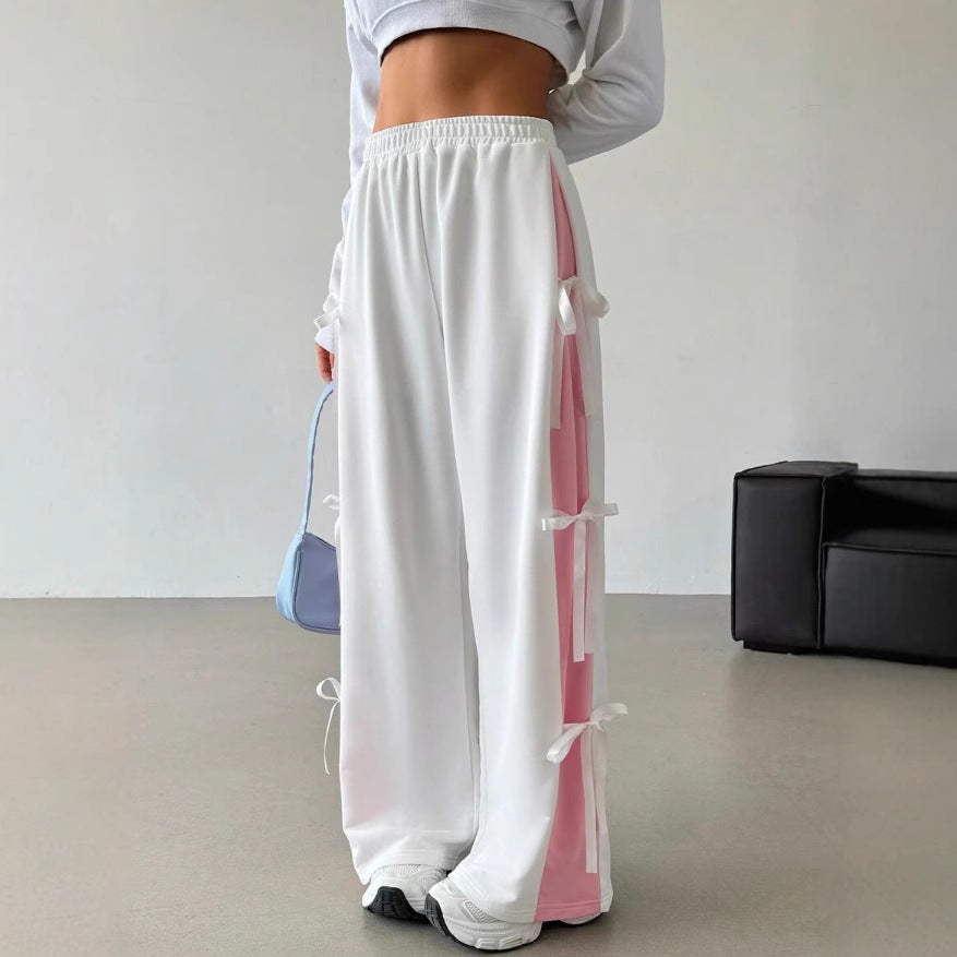 Pantalons droits pour femmes avec taille élastique et couleur contrastée