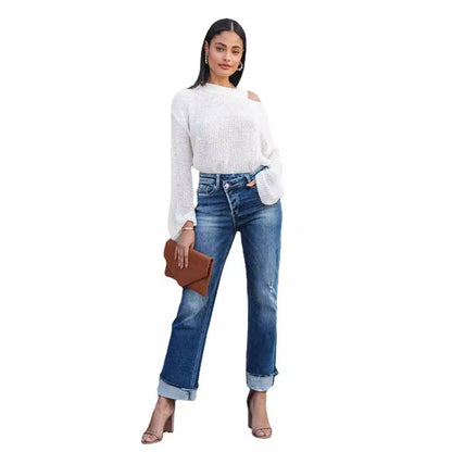 Pantalons en denim droit pour femmes lavés