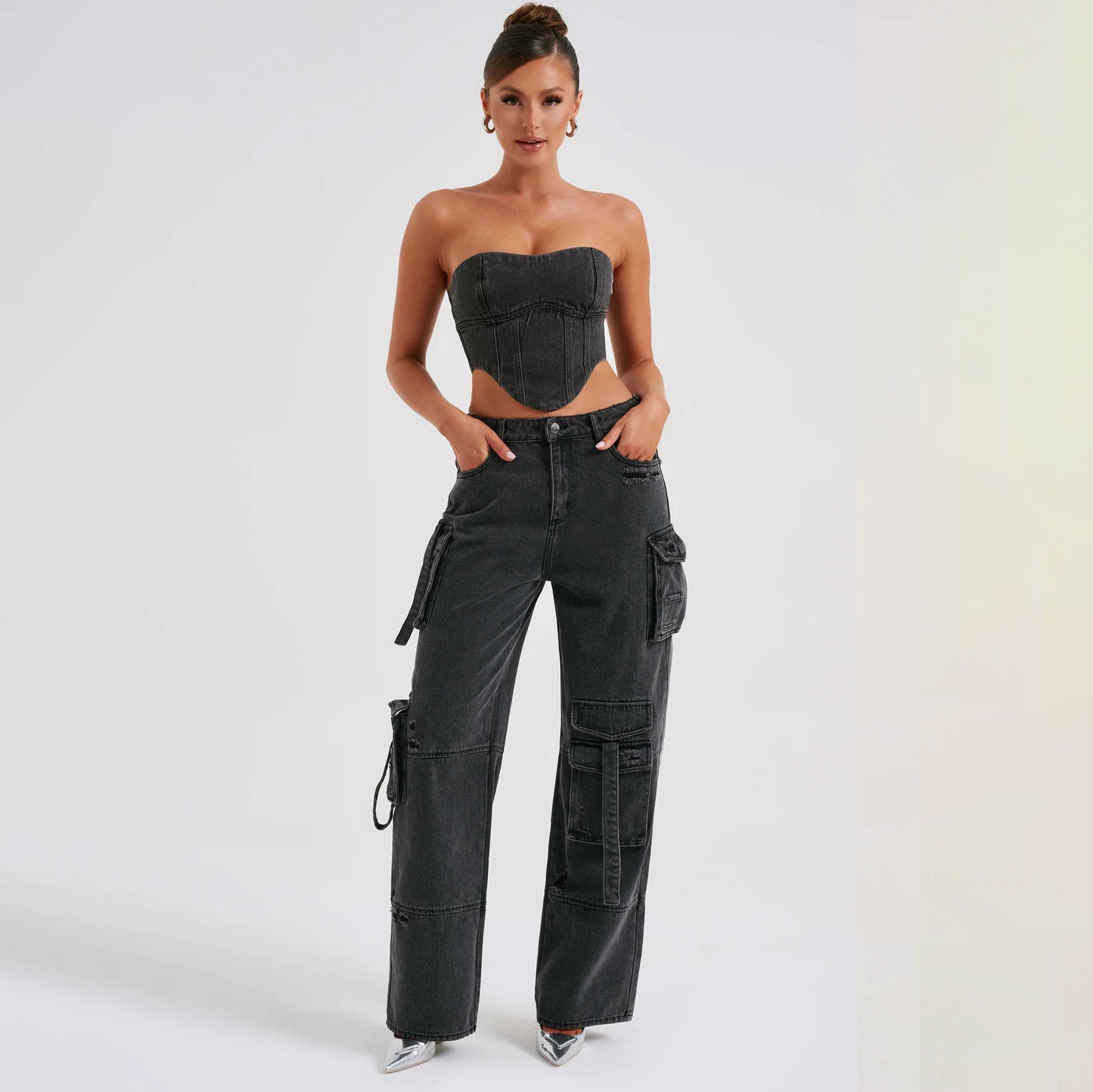 2Pcs Costumes en Jean Été Sexy Dos Nu Top Tube Et Pantalons Droits Multi-poches Mode Pantalons Longs Costume Vêtements Femmes
