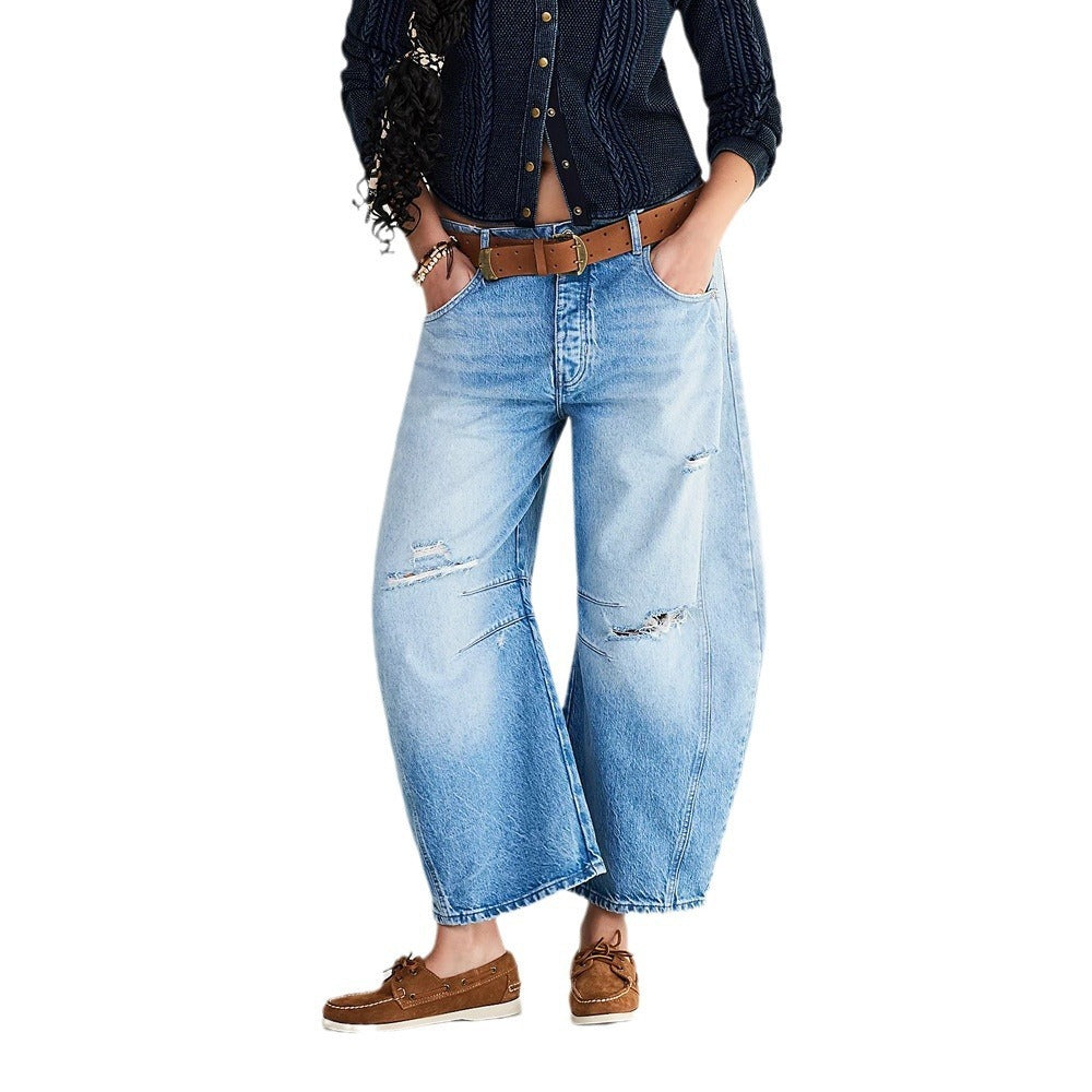 Pantalon de hip-hop rétro pour femmes en denim usé bleu délavé