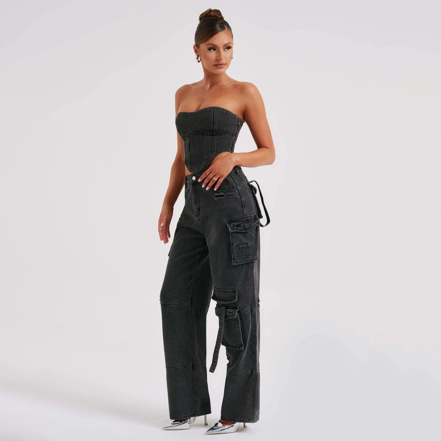 2Pcs Costumes en Jean Été Sexy Dos Nu Top Tube Et Pantalons Droits Multi-poches Mode Pantalons Longs Costume Vêtements Femmes