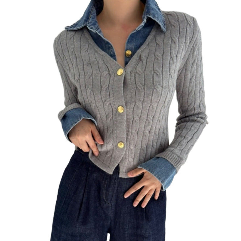 Korean Style Contrast Color Knitwear Denim Stitching Long Sleeve Sweater
