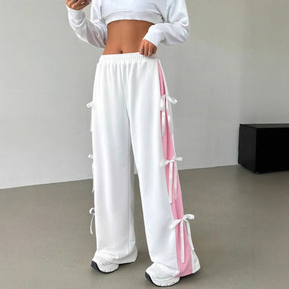 Pantalons droits pour femmes avec taille élastique et couleur contrastée