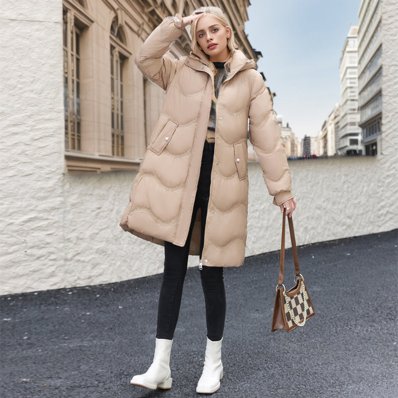 Veste en coton matelassée mi-longue en coton pour femmes, en dessous du genou