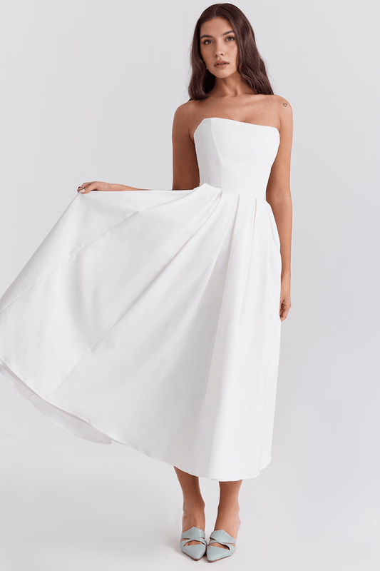 Flattering Midi Bustier White Dress with Corset Fit – Perfect for Weddings and Events | Sofi Solanordi Dress