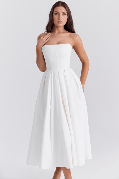 Flattering Midi Bustier White Dress with Corset Fit – Perfect for Weddings and Events | Sofi Solanordi Dress