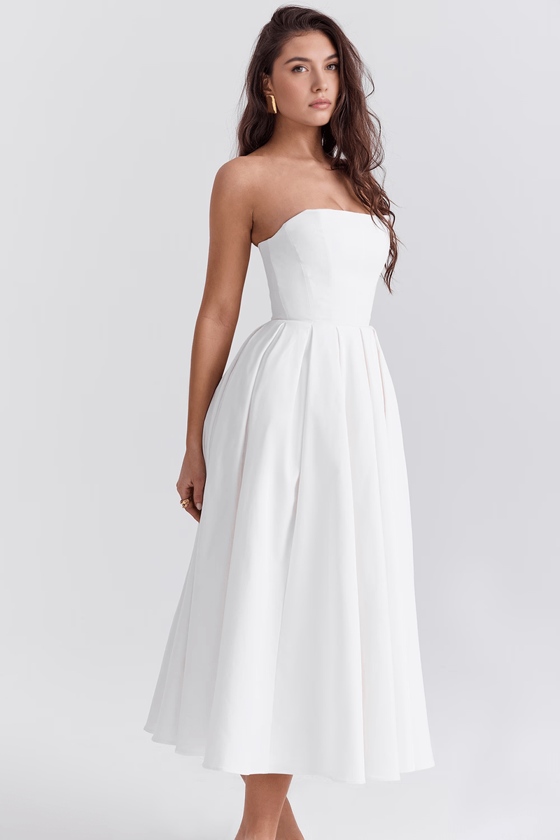 Flattering Midi Bustier White Dress with Corset Fit – Perfect for Weddings and Events | Sofi Solanordi Dress