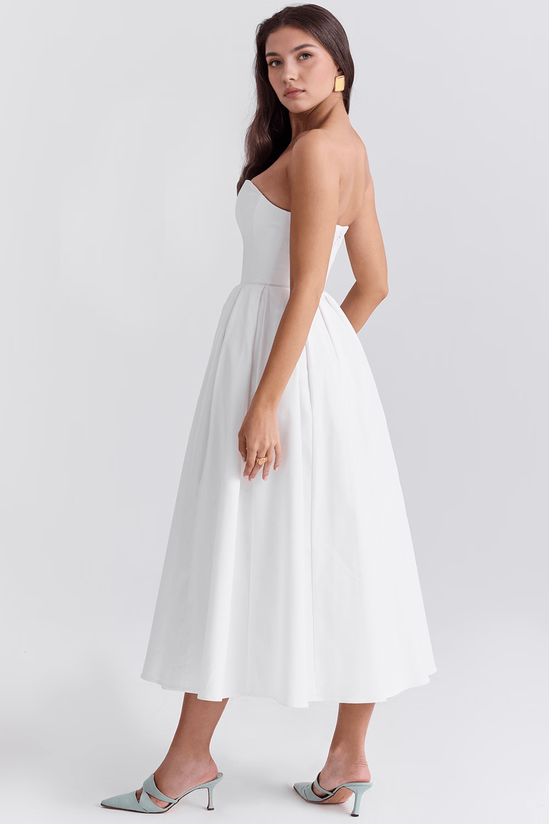Flattering Midi Bustier White Dress with Corset Fit – Perfect for Weddings and Events | Sofi Solanordi Dress