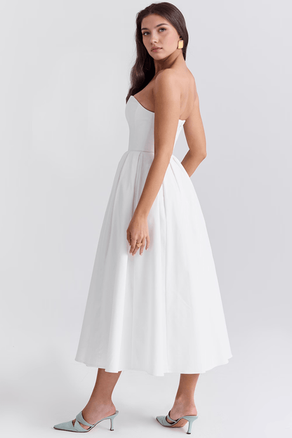 Flattering Midi Bustier White Dress with Corset Fit – Perfect for Weddings and Events | Sofi Solanordi Dress