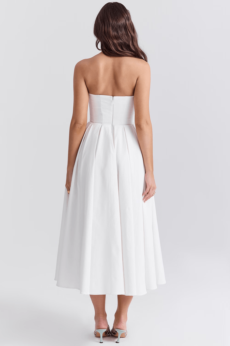 Flattering Midi Bustier White Dress with Corset Fit – Perfect for Weddings and Events | Sofi Solanordi Dress