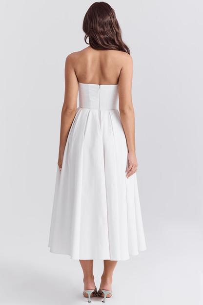 Flattering Midi Bustier White Dress with Corset Fit – Perfect for Weddings and Events | Sofi Solanordi Dress