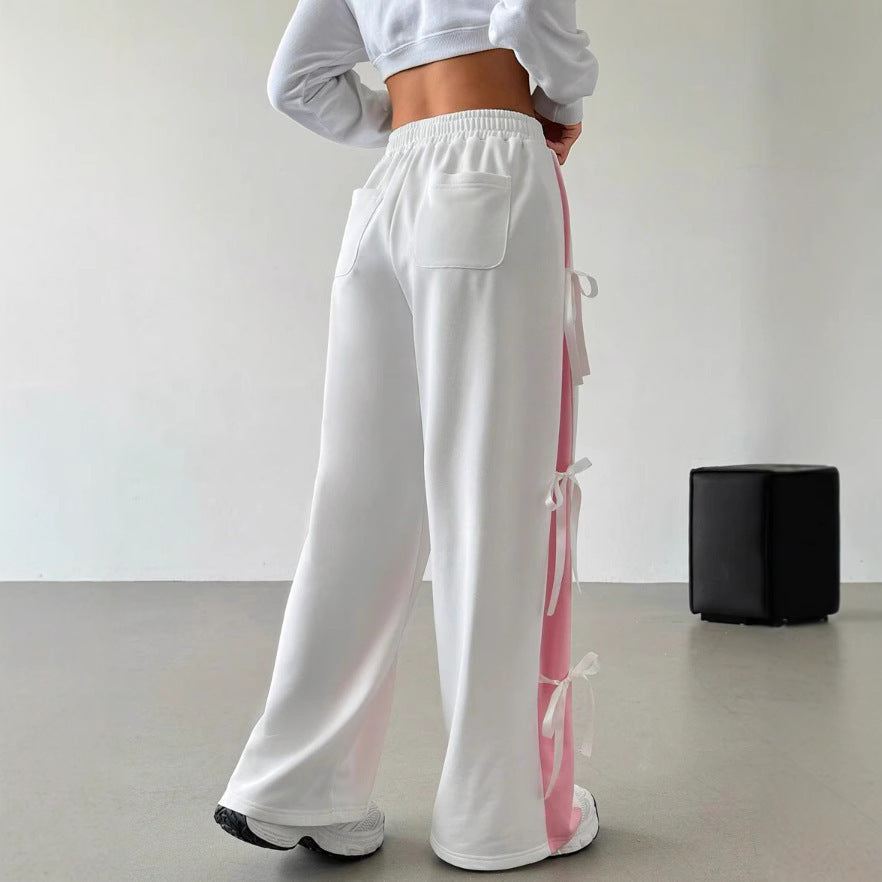 Pantalons droits pour femmes avec taille élastique et couleur contrastée