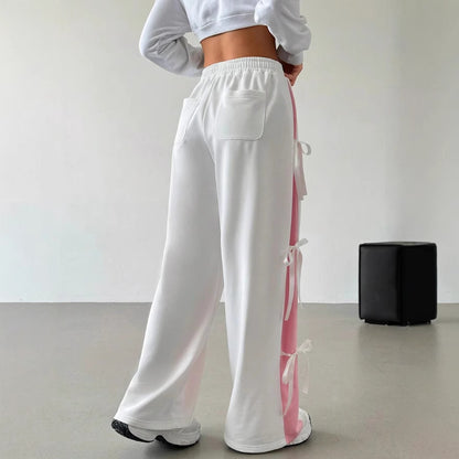 Pantalons droits pour femmes avec taille élastique et couleur contrastée